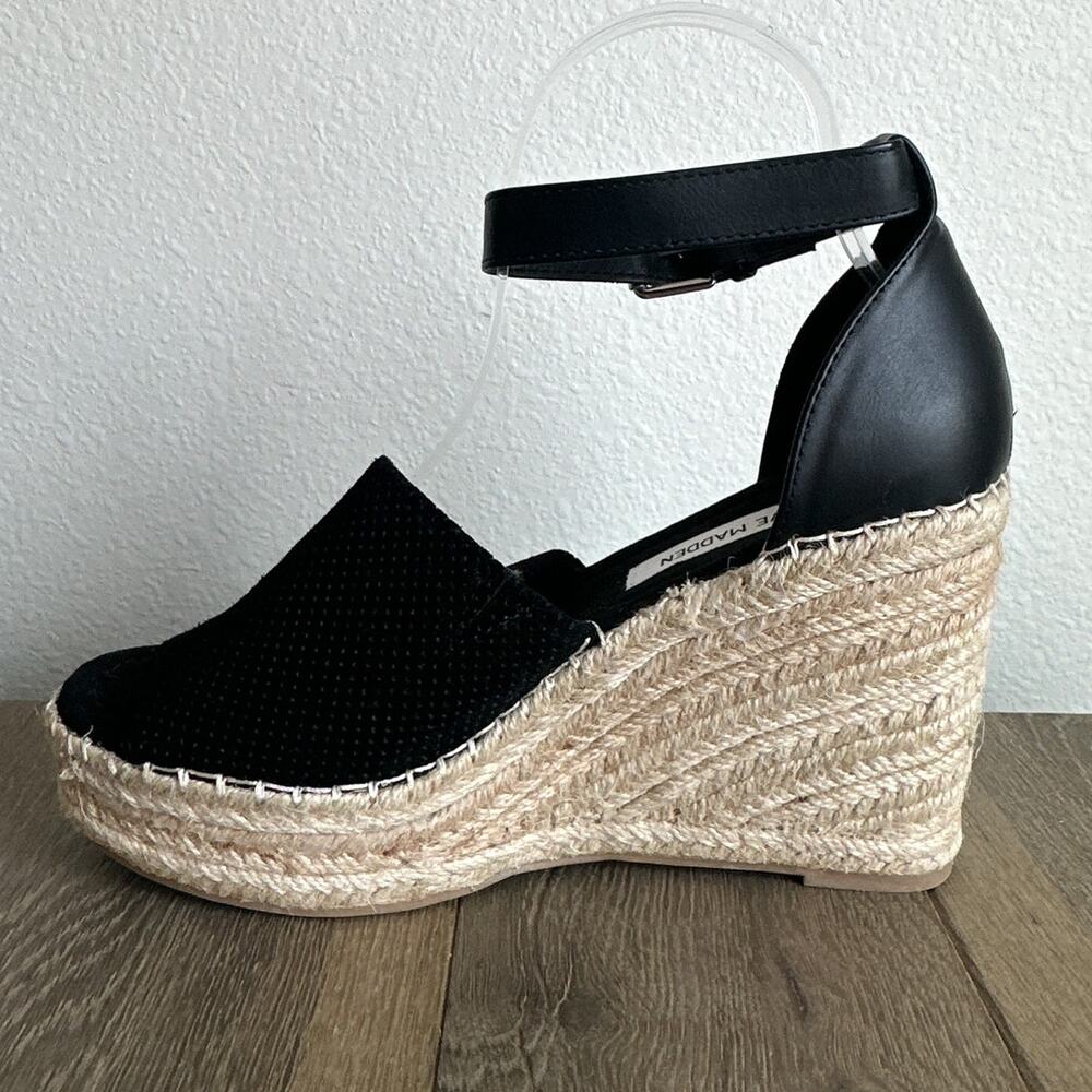 Steve Madden Josey Espadrille Wedge Sandal Women Black Perforated Suede Sz 8